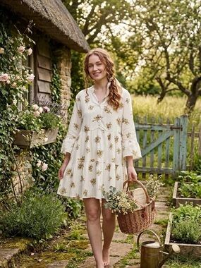 Laurel Grey Cream Floral Tiered Babydoll Dress M Cottagecore Boho